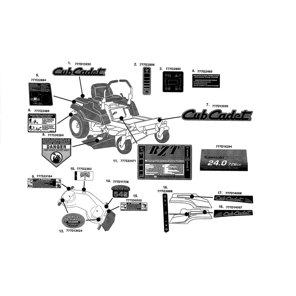 Decals Diagram and Parts List for 17WI2ACK056  Cub Cadet Lawn Tractor